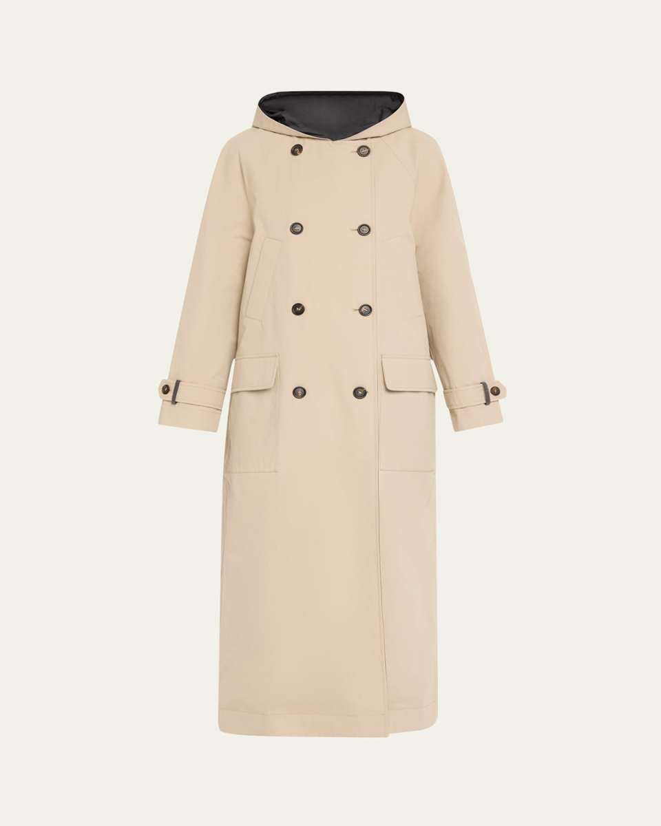 Hooded Techno Canvas Double-Breasted Trench